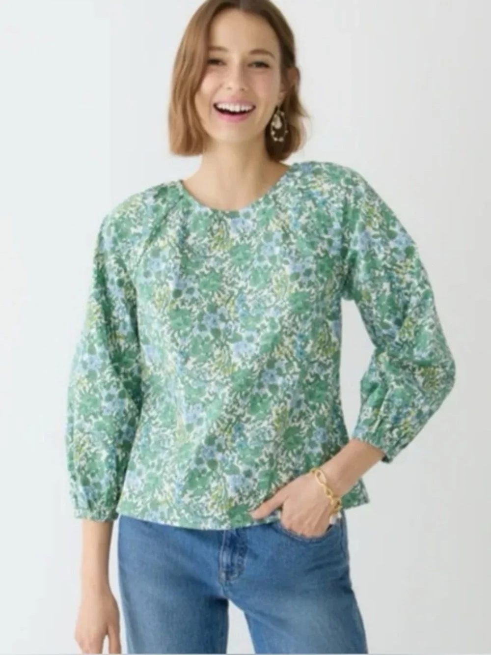 J.Crew Tie-Back Stretch Cotton Poplin-blend Top Blouse Fete Floral Green Sz. 14 - Picture 2 of 15